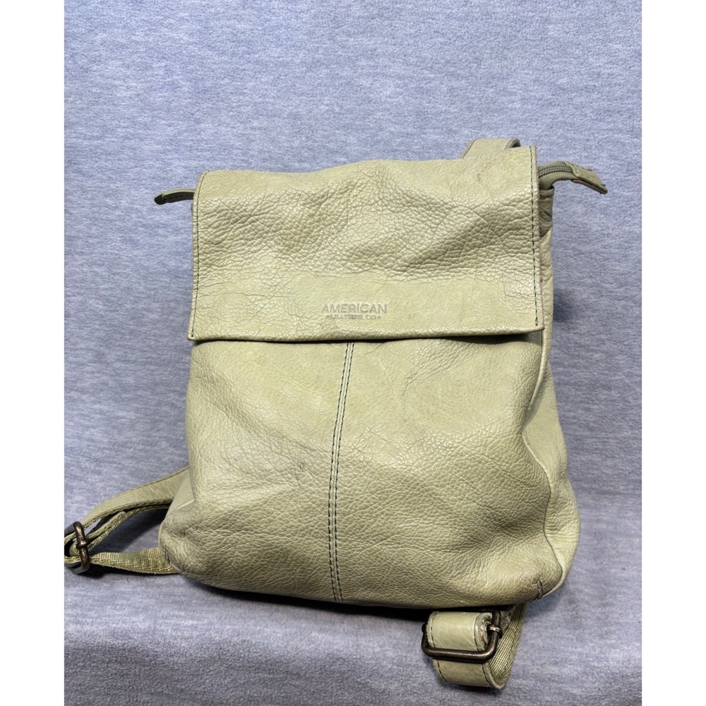 American Leather Co Sage Green Pebbled Leather Flap Backpack Bag Purse